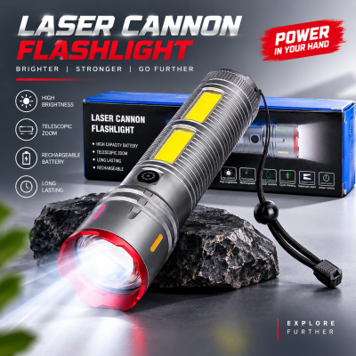 Laser Cannon X03 Metal Tactical Flashlight – High-Power Long-Lasting LED Torch with Built-In Power Bank & Durable Metal Body (8.5 Inch, 445g)